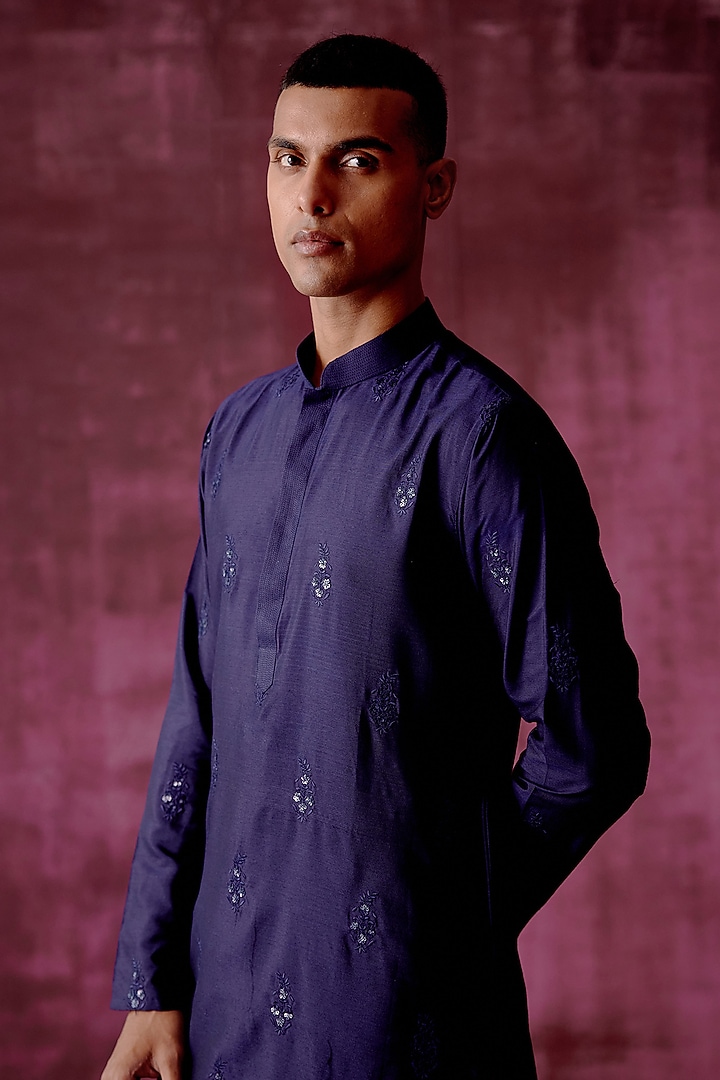 Navy Blue Cotton Silk Sequins Hand Embroidered Kurta Set by Pouli Pret Men at Pernia's Pop Up Shop