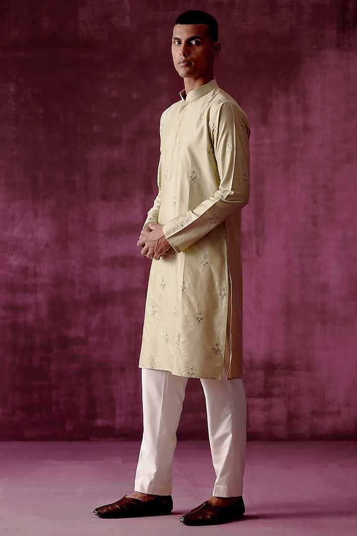 Sage Green Cotton Silk Sequins Hand Embroidered Kurta Set by Pouli Pret Men