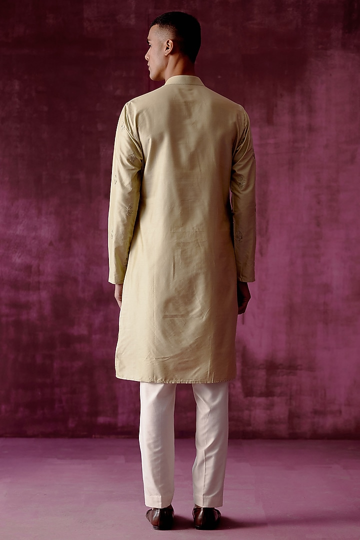 Sage Green Cotton Silk Sequins Hand Embroidered Kurta Set by Pouli Pret Men at Pernia's Pop Up Shop