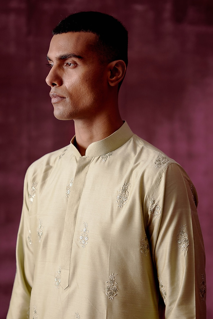 Sage Green Cotton Silk Sequins Hand Embroidered Kurta Set by Pouli Pret Men at Pernia's Pop Up Shop