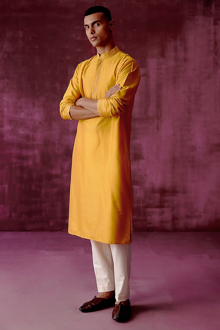 Ochre Yellow Cotton Silk Tonal Embroidered Kurta Set by Pouli Pret Men