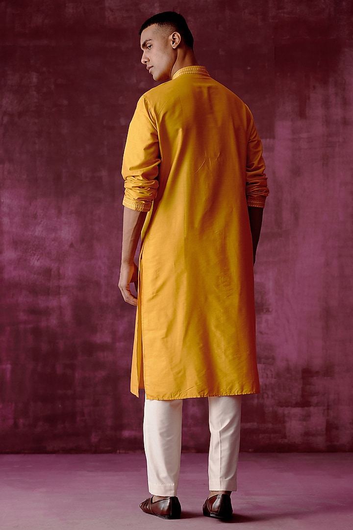 Ochre Yellow Cotton Silk Tonal Embroidered Kurta Set by Pouli Pret Men at Pernia's Pop Up Shop