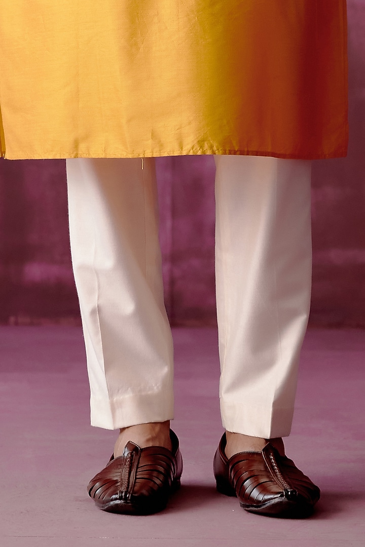 Ochre Yellow Cotton Silk Tonal Embroidered Kurta Set by Pouli Pret Men at Pernia's Pop Up Shop