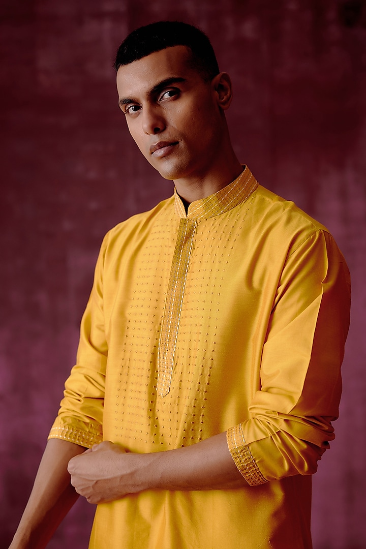 Ochre Yellow Cotton Silk Tonal Embroidered Kurta Set by Pouli Pret Men at Pernia's Pop Up Shop