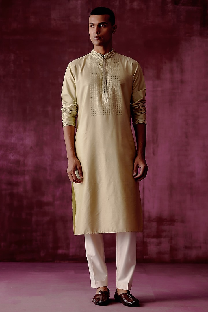 Sage Green Cotton Silk Tonal Embroidered Kurta Set by Pouli Pret Men