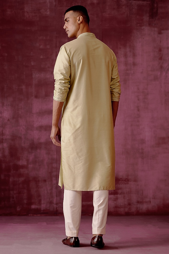 Sage Green Cotton Silk Tonal Embroidered Kurta Set by Pouli Pret Men at Pernia's Pop Up Shop