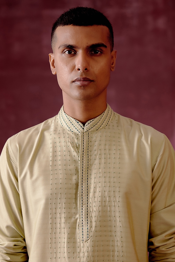 Sage Green Cotton Silk Tonal Embroidered Kurta Set by Pouli Pret Men at Pernia's Pop Up Shop