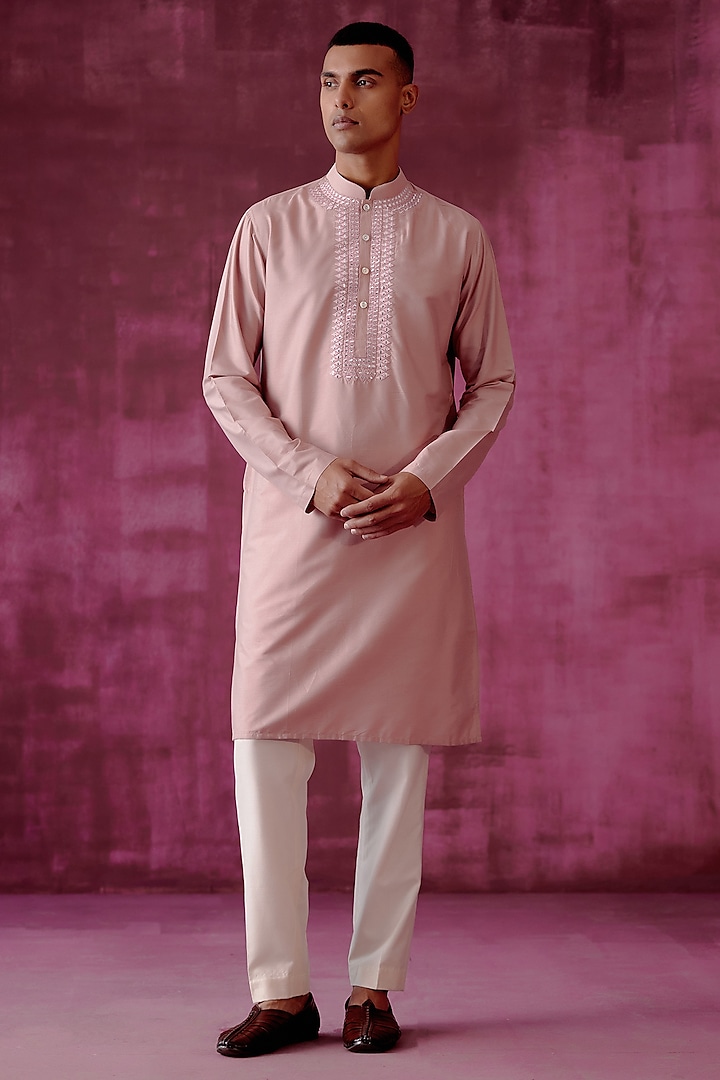 Vintage Pink Cotton Silk Mirror Embroidered Kurta Set by Pouli Pret Men