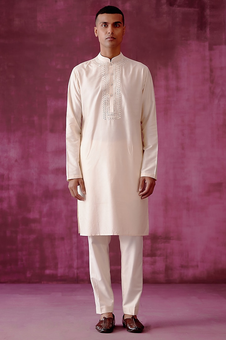 Off-White Cotton Silk Mirror Embroidered Kurta Set by Pouli Pret Men