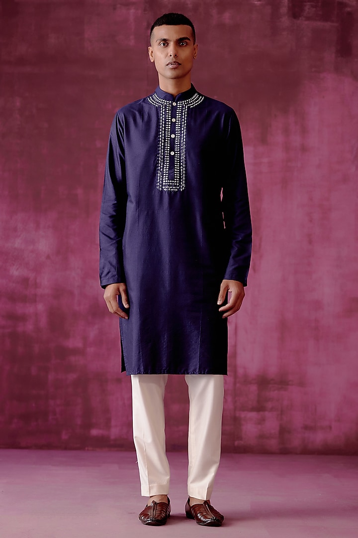 Navy Blue Cotton Silk Mirror Embroidered Kurta Set by Pouli Pret Men