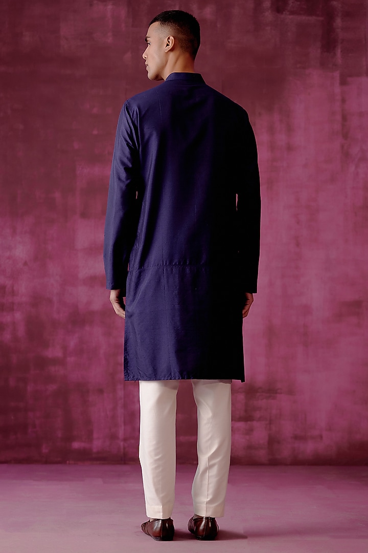 Navy Blue Cotton Silk Mirror Embroidered Kurta Set by Pouli Pret Men at Pernia's Pop Up Shop