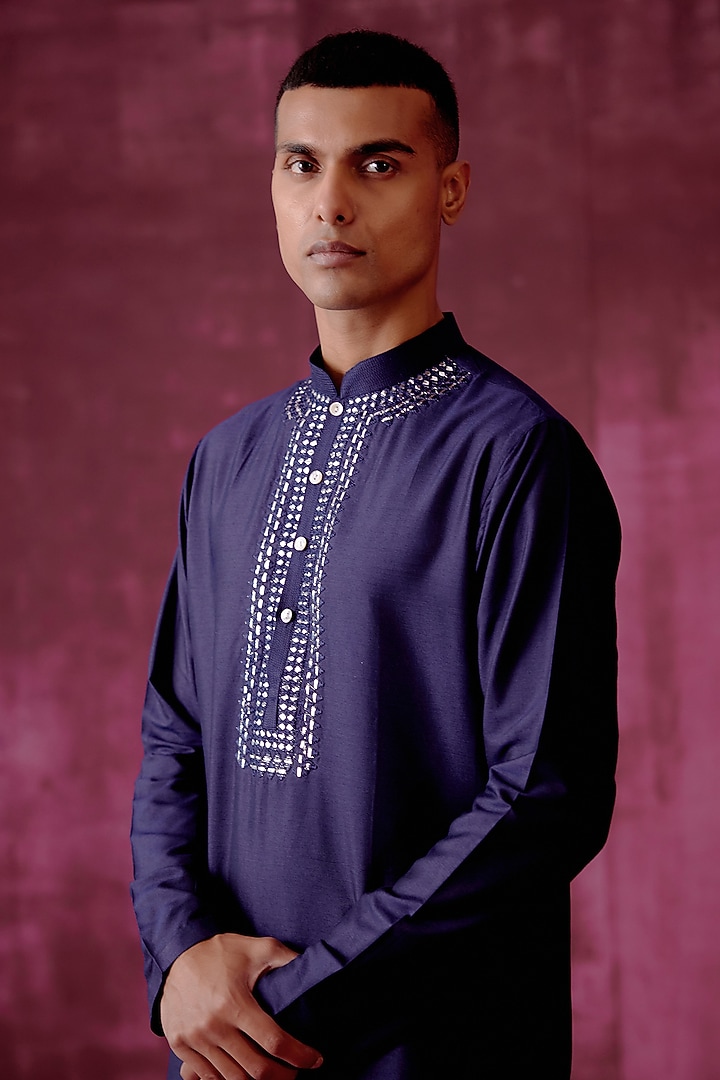 Navy Blue Cotton Silk Mirror Embroidered Kurta Set by Pouli Pret Men at Pernia's Pop Up Shop