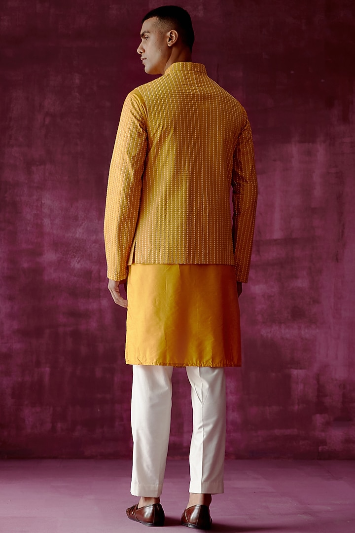 Ochre Yellow Cotton Silk Embroidered Bundi Jacket by Pouli Pret Men at Pernia's Pop Up Shop