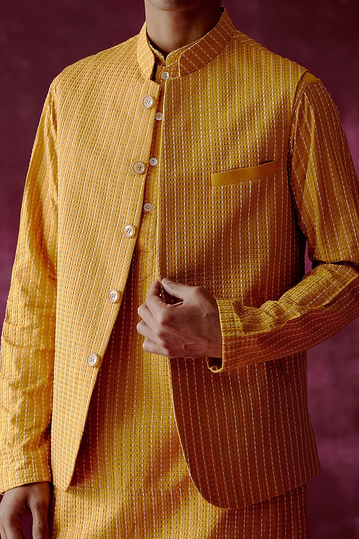 Ochre Yellow Cotton Silk Embroidered Bundi Jacket by Pouli Pret Men at Pernia's Pop Up Shop