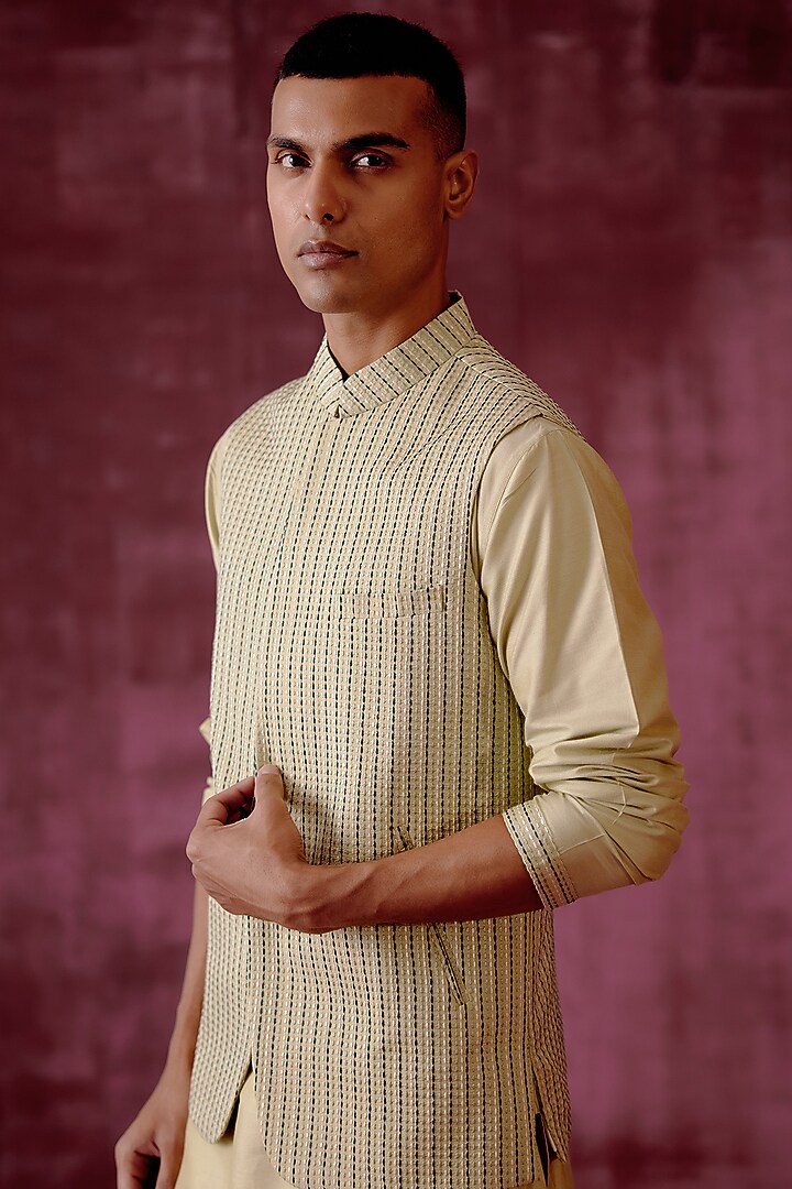 Sage Green Cotton Silk Embroidered Bundi Jacket by Pouli Pret Men at Pernia's Pop Up Shop