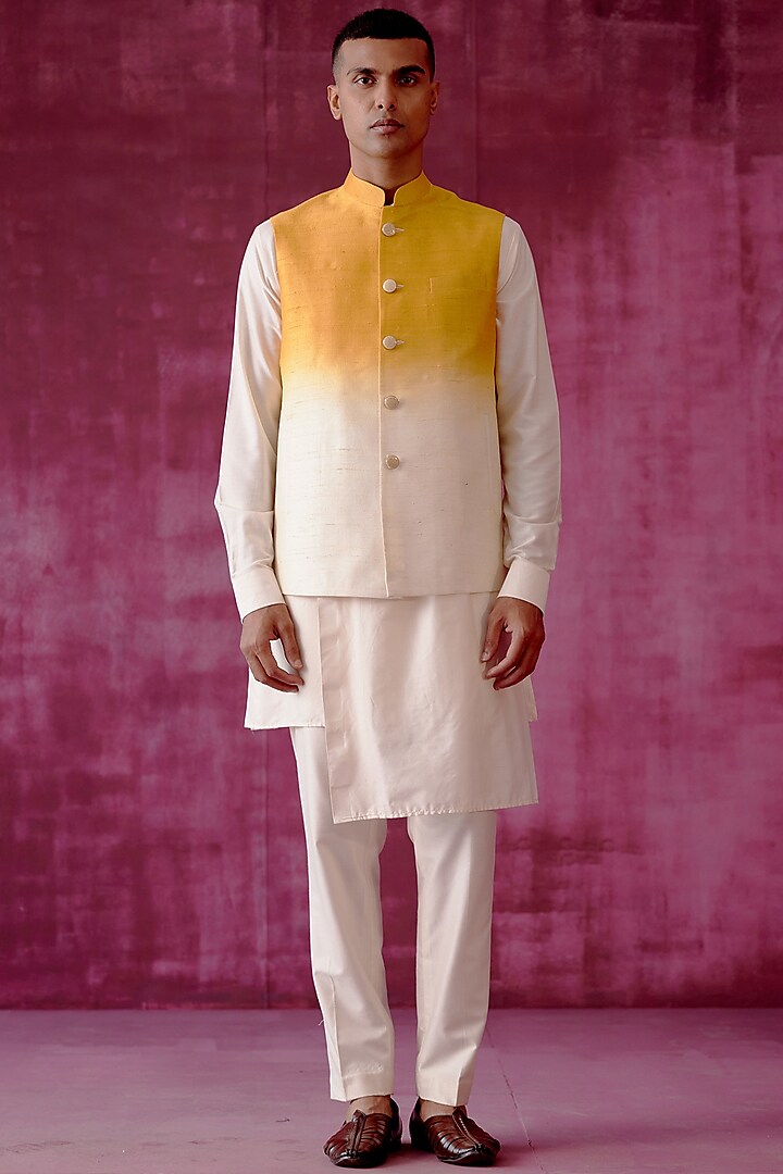 Yellow & White Ombre Raw Silk Bundi Jacket by Pouli Pret Men