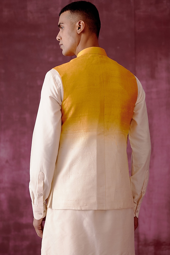 Yellow & White Handwoven Raw Silk Hand-Dyed Bundi Jacket by Pouli Pret Men at Pernia's Pop Up Shop