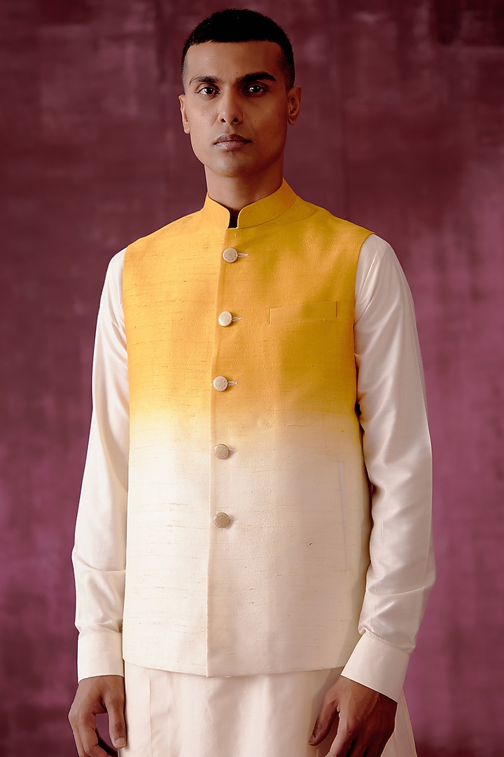 Yellow & White Handwoven Raw Silk Hand-Dyed Bundi Jacket by Pouli Pret Men at Pernia's Pop Up Shop