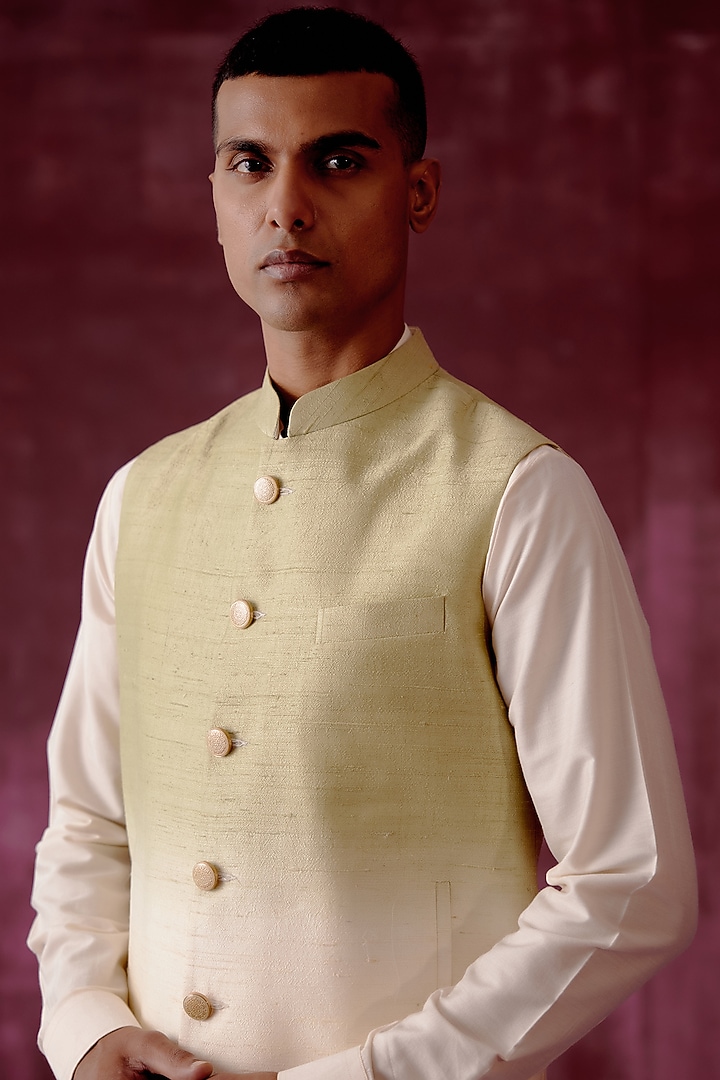 Sage Green & White Ombre Handwoven Raw Silk Hand-Dyed Bundi Jacket by Pouli Pret Men at Pernia's Pop Up Shop