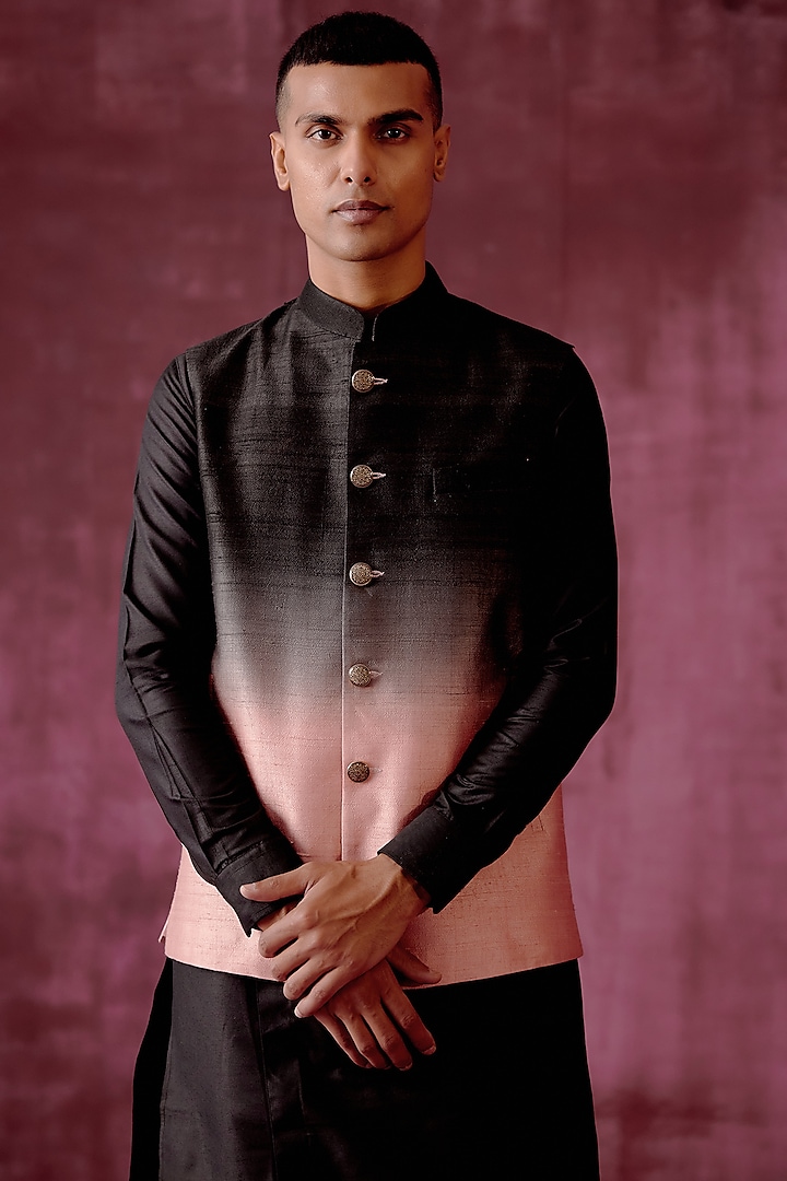 Black & Pink Ombre Raw Silk Bundi Jacket by Pouli Pret Men