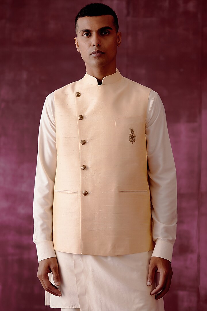 Light Beige Embroidered Bundi Jacket by Pouli Pret Men at Pernia's Pop Up Shop