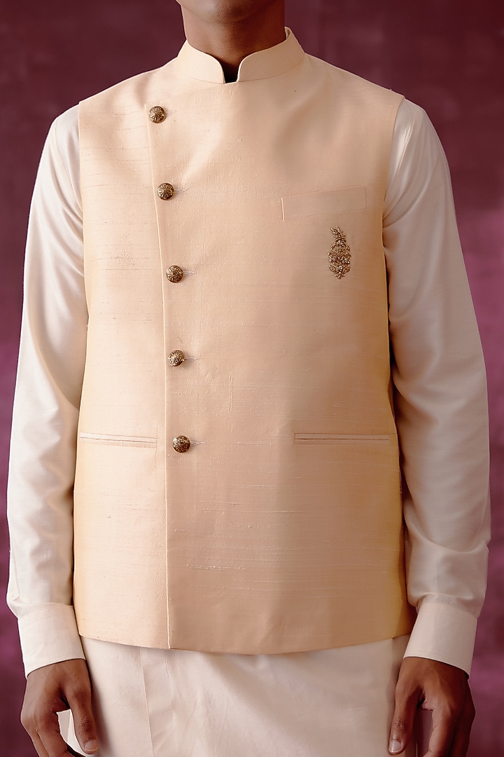 Light Beige Embroidered Bundi Jacket by Pouli Pret Men at Pernia's Pop Up Shop