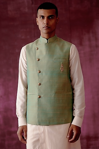Sage Green Zardosi Embroidered Bundi Jacket by Pouli Pret Men