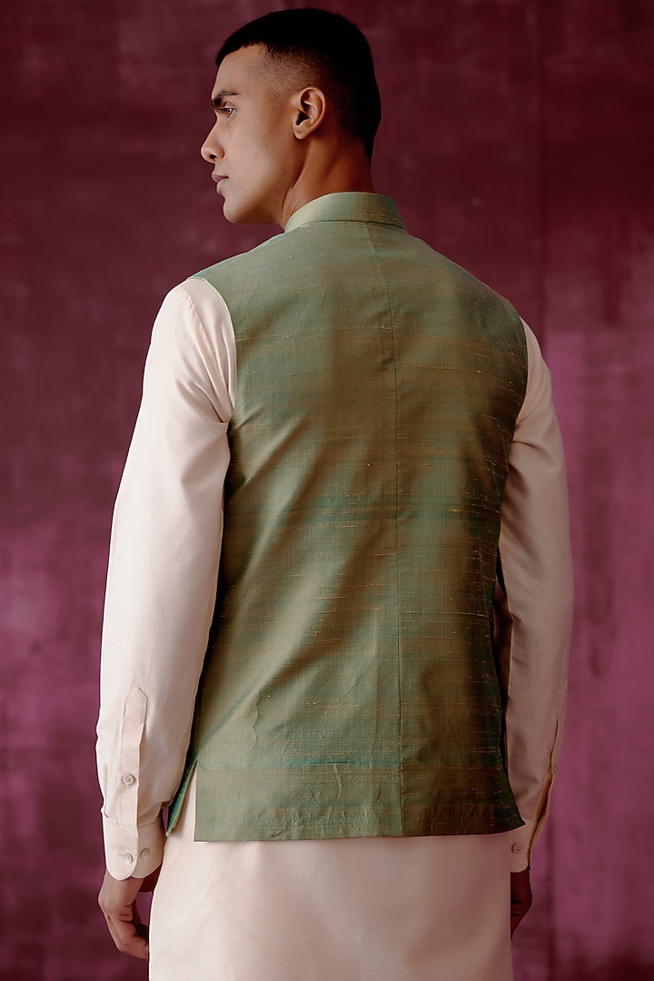 Sage Green Zardosi Embroidered Bundi Jacket by Pouli Pret Men at Pernia's Pop Up Shop