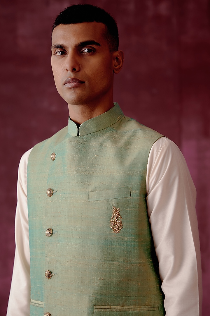 Sage Green Zardosi Embroidered Bundi Jacket by Pouli Pret Men at Pernia's Pop Up Shop