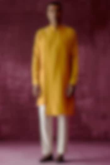 Ochre Yellow Cotton Satin Asymmetric Kurta by Pouli Pret Men