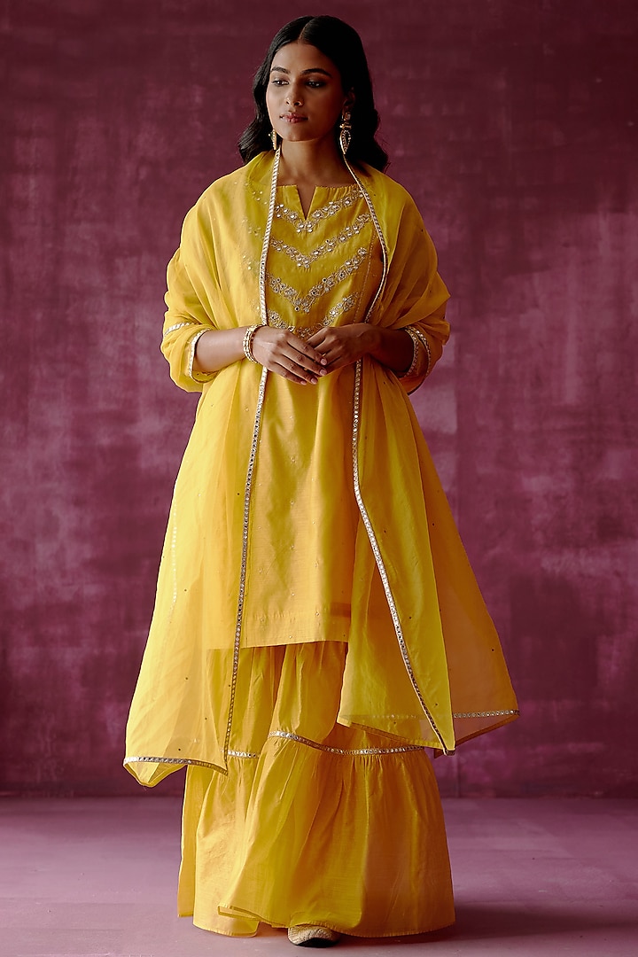 Ochre Yellow Chanderi Mirror Embroidered Gharara Set by Pouli Pret