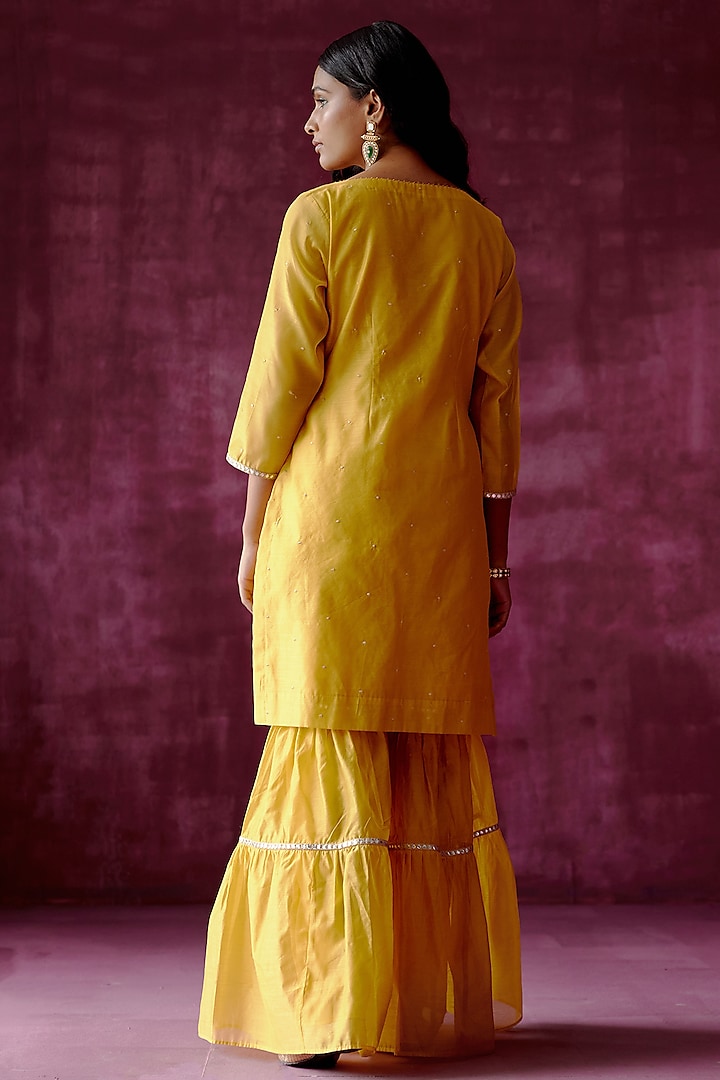 Ochre Yellow Chanderi Mirror Embroidered Gharara Set by POULI at Pernia's Pop Up Shop