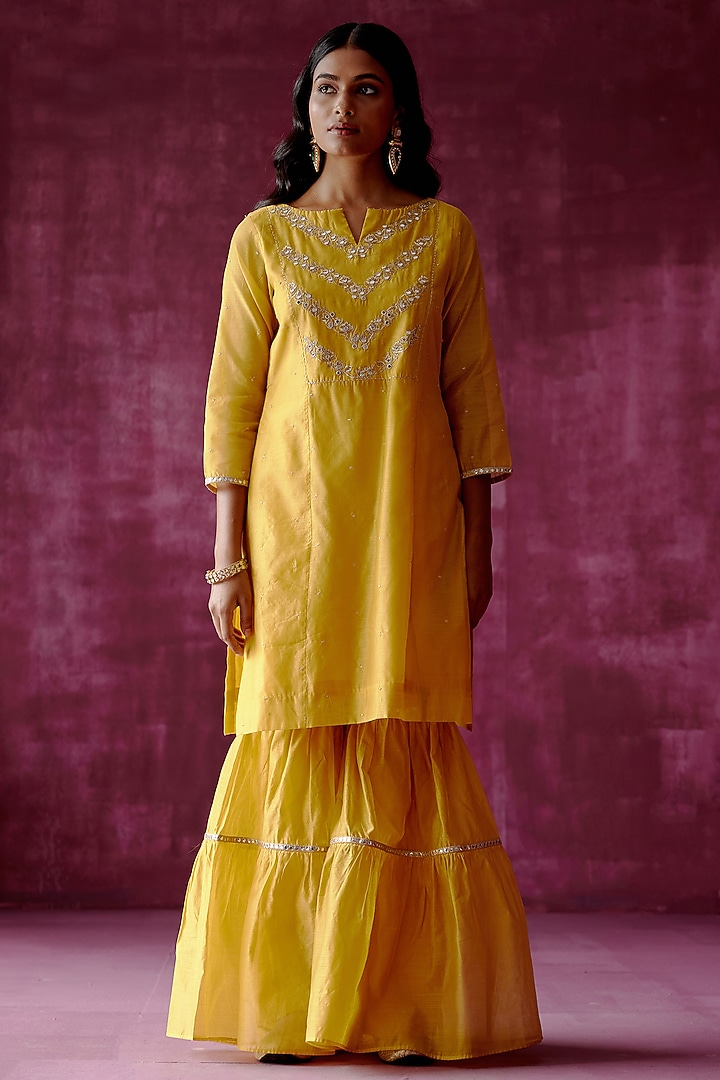 Ochre Yellow Chanderi Mirror Embroidered Gharara Set by POULI at Pernia's Pop Up Shop