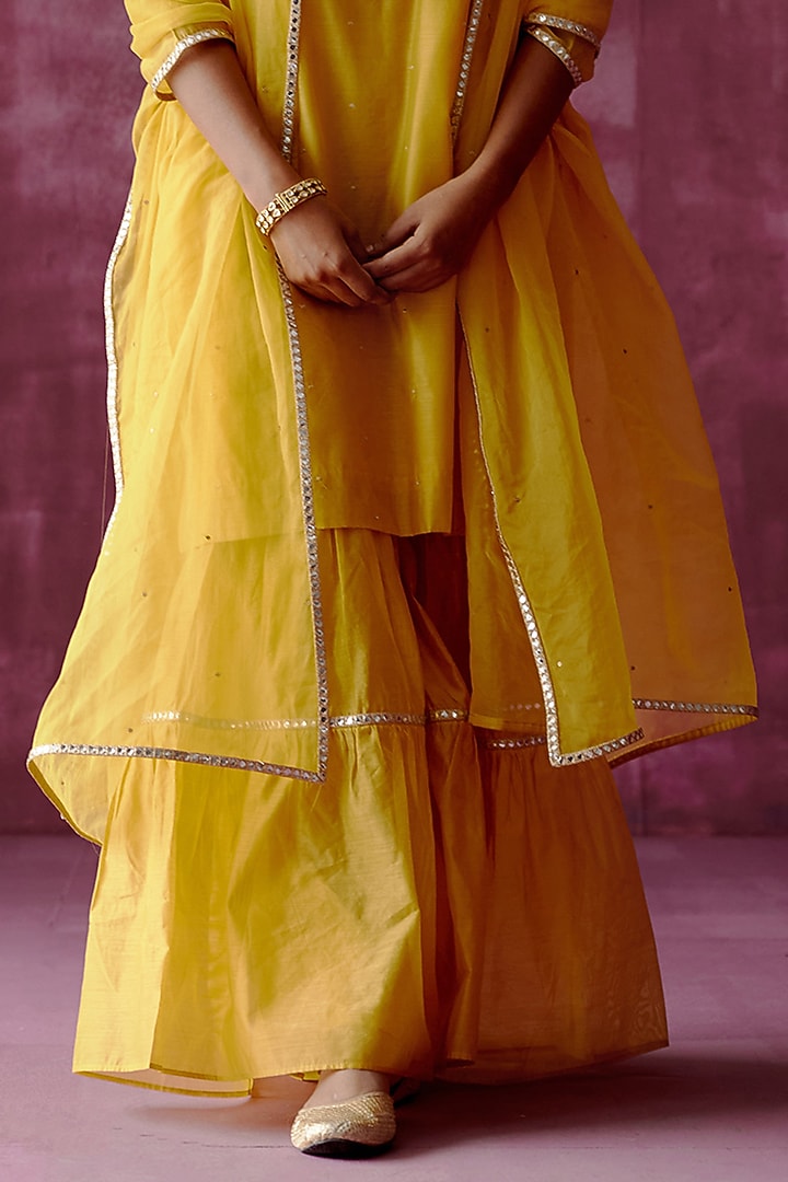 Ochre Yellow Chanderi Mirror Embroidered Gharara Set by POULI at Pernia's Pop Up Shop