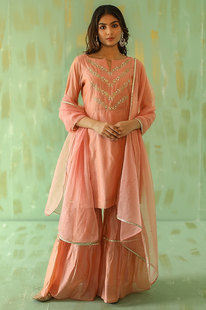 Vintage Pink Chanderi Mirror Embroidered Gharara Set by POULI at Pernia's Pop Up Shop
