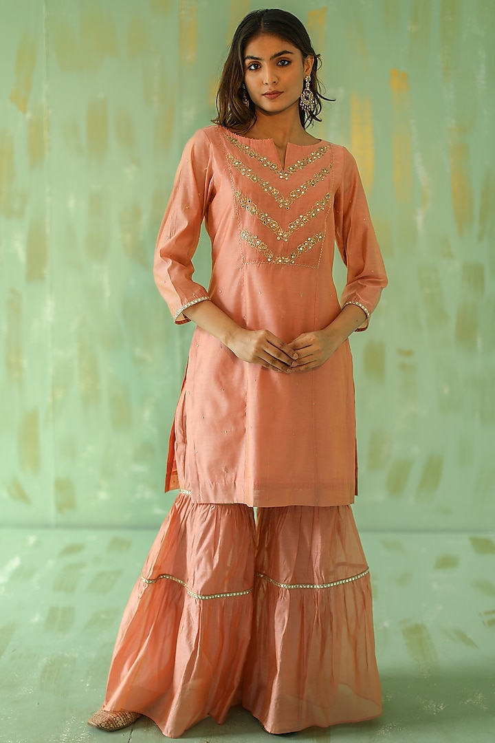 Vintage Pink Chanderi Mirror Embroidered Gharara Set by POULI at Pernia's Pop Up Shop