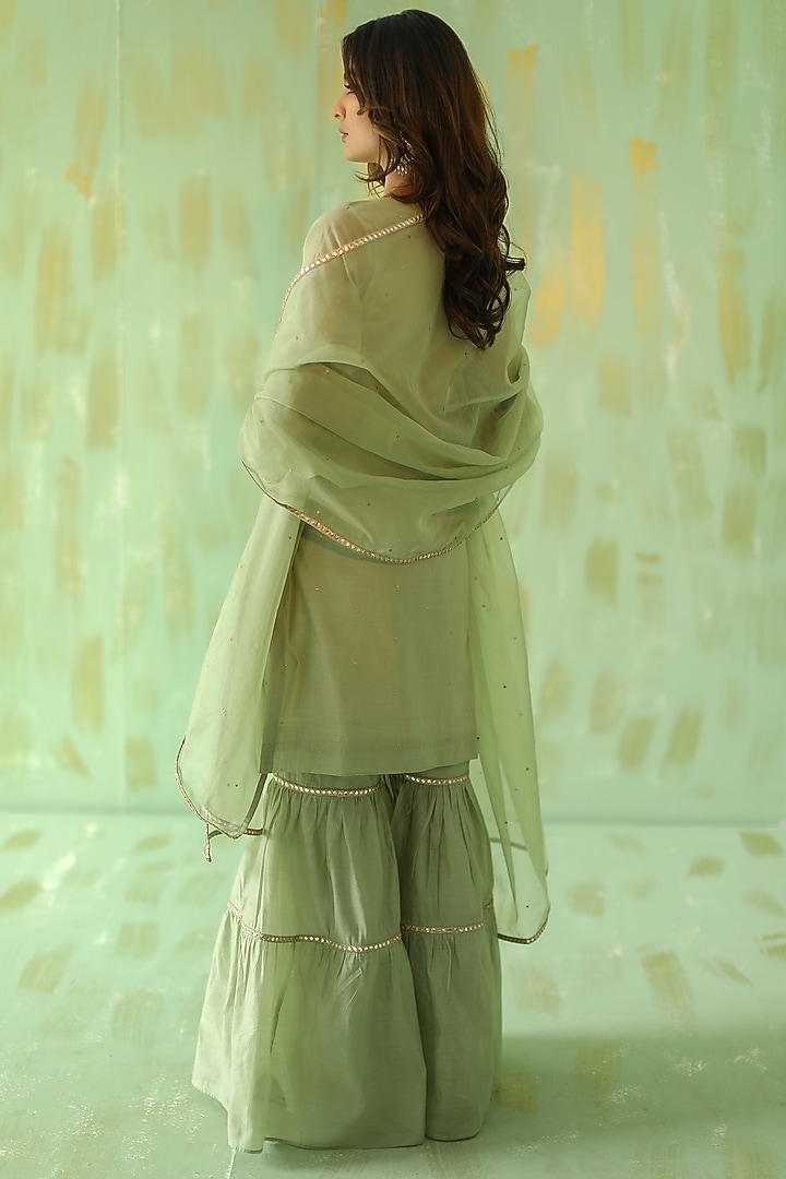 Sage Green Chanderi Mirror Embroidered Gharara Set by POULI at Pernia's Pop Up Shop