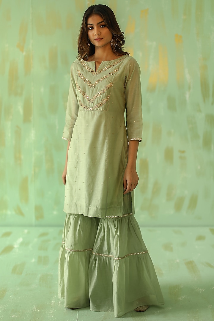 Sage Green Chanderi Mirror Embroidered Gharara Set by POULI at Pernia's Pop Up Shop