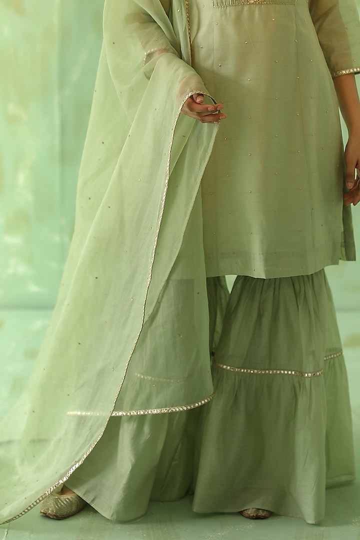 Sage Green Chanderi Mirror Embroidered Gharara Set by POULI at Pernia's Pop Up Shop
