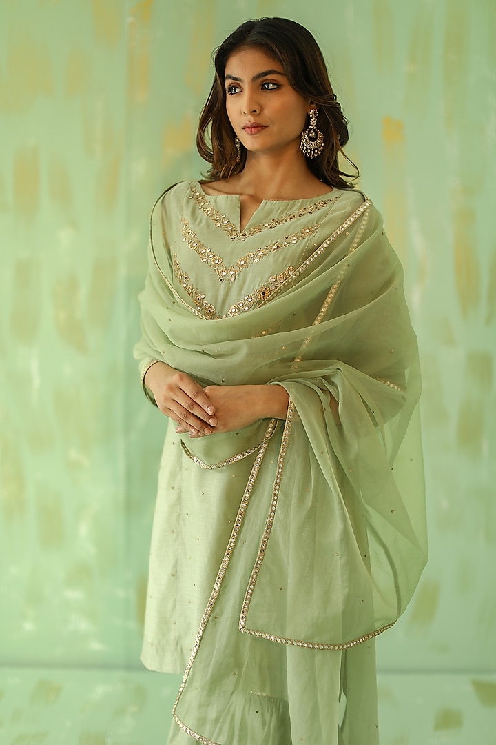 Sage Green Chanderi Mirror Embroidered Gharara Set by POULI at Pernia's Pop Up Shop