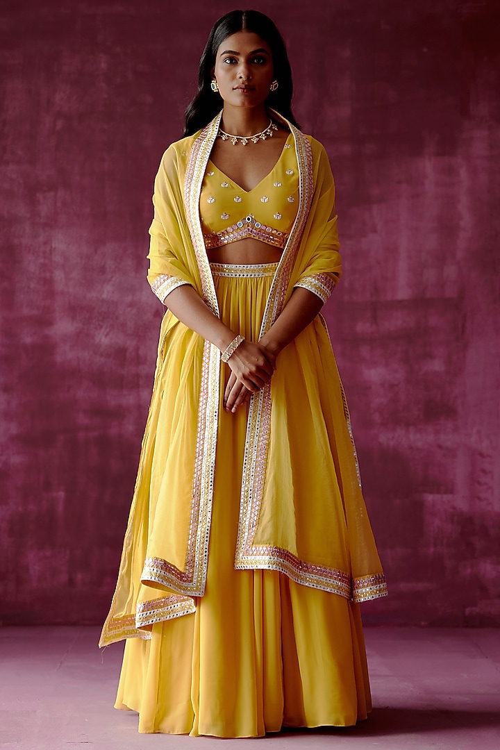 Ochre Yellow Embroidered Lehenga Set by Pouli Pret