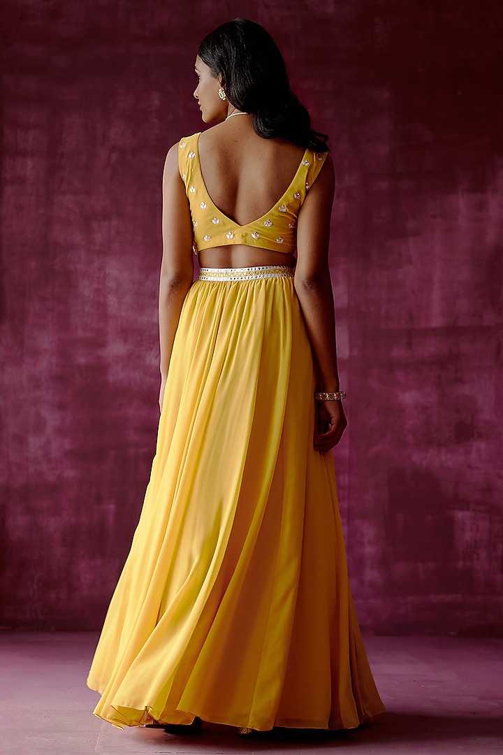 Ochre Yellow Embroidered Wedding Lehenga Set by POULI at Pernia's Pop Up Shop