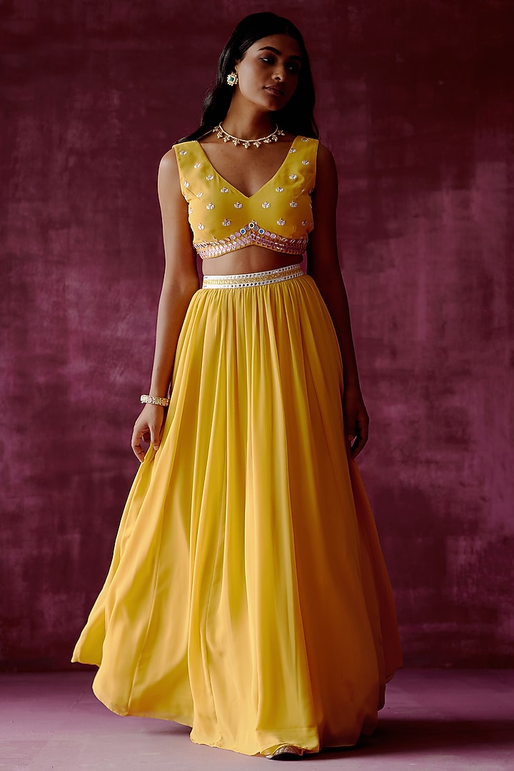 Ochre Yellow Embroidered Wedding Lehenga Set by POULI at Pernia's Pop Up Shop