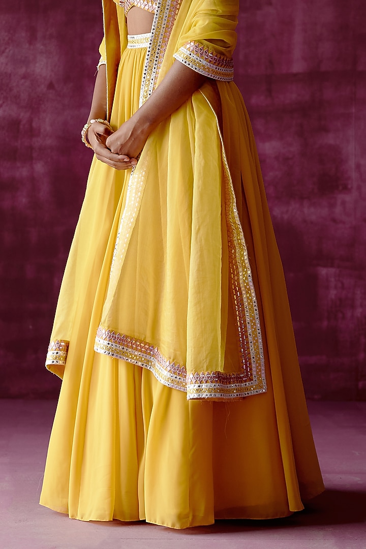 Ochre Yellow Embroidered Wedding Lehenga Set by POULI at Pernia's Pop Up Shop