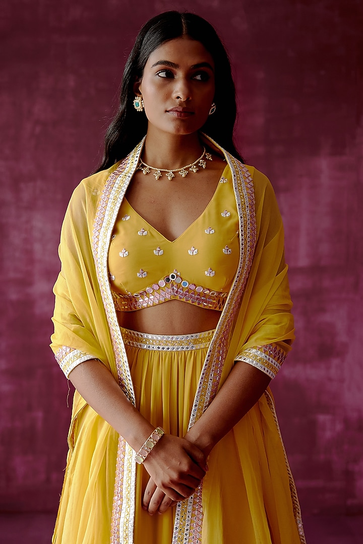 Ochre Yellow Embroidered Wedding Lehenga Set by POULI at Pernia's Pop Up Shop