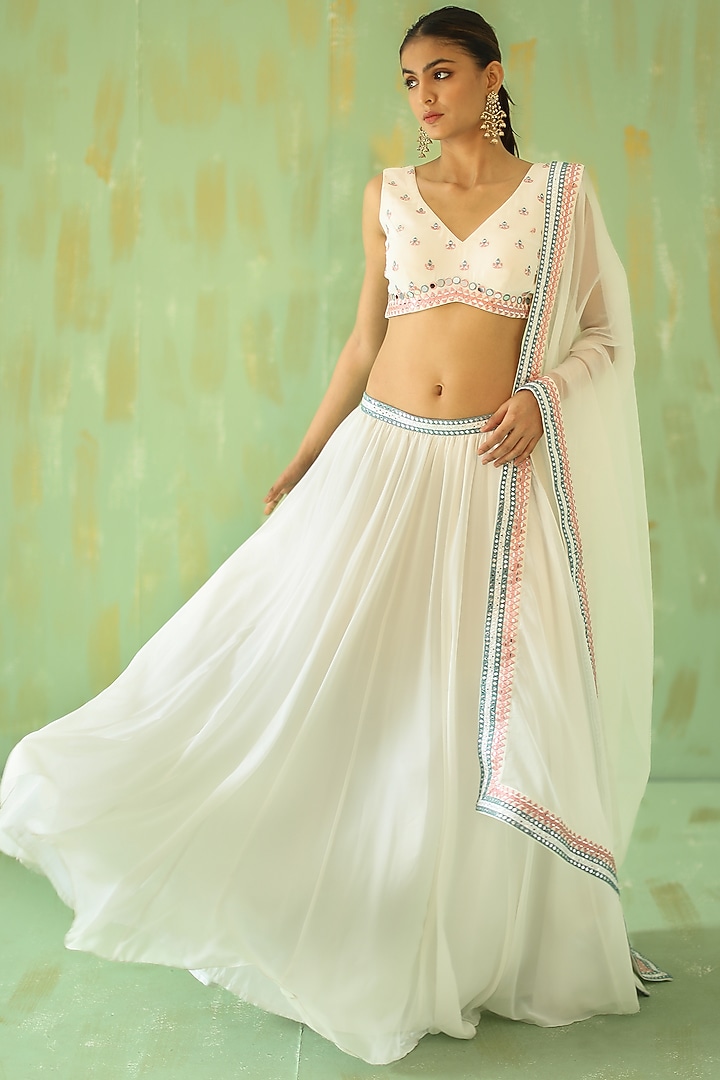 White Embroidered Wedding Lehenga Set by POULI at Pernia's Pop Up Shop