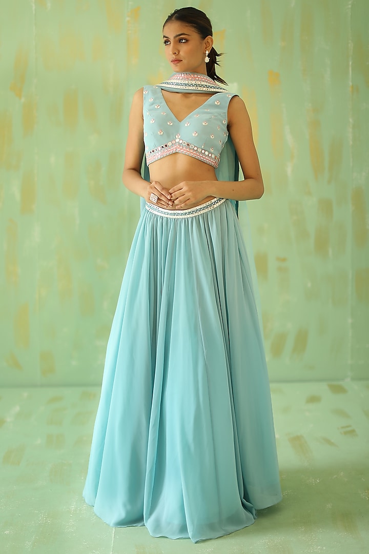 Powder Blue Embroidered Lehenga Set by Tabeer
