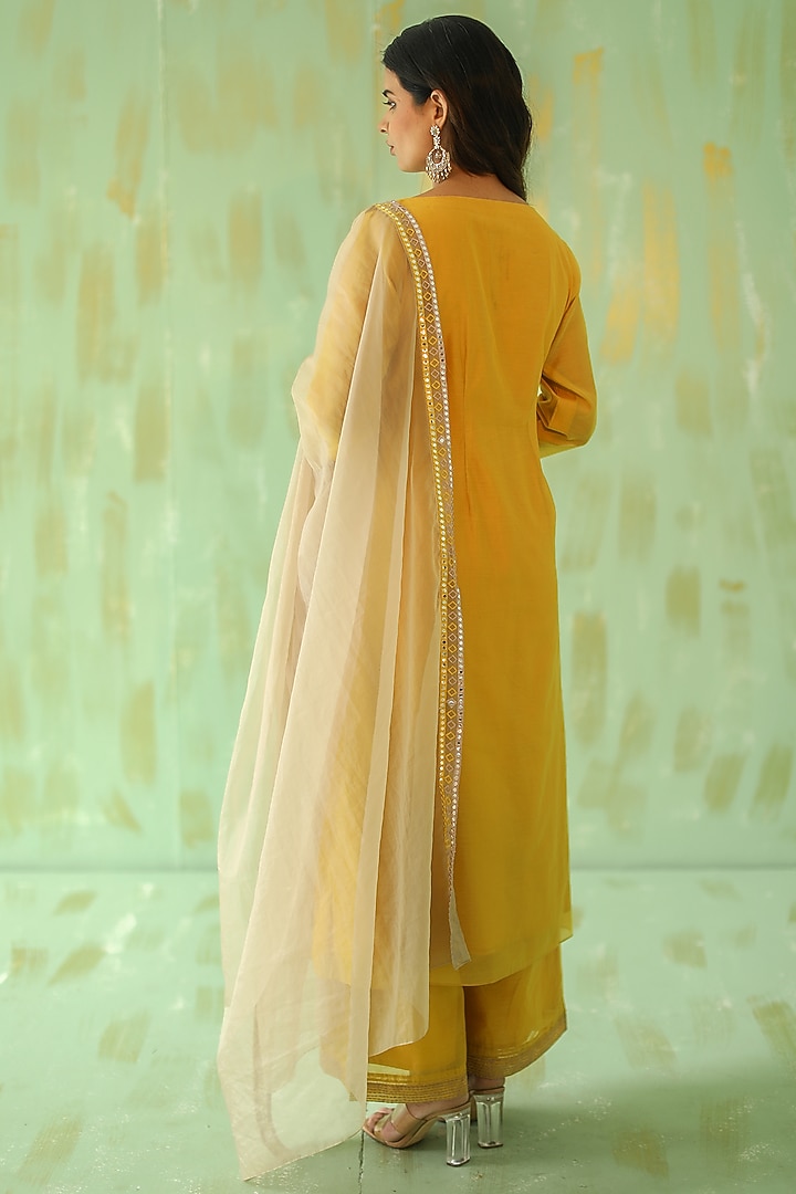 Ochre Yellow Embroidered Kurta Set by POULI at Pernia's Pop Up Shop