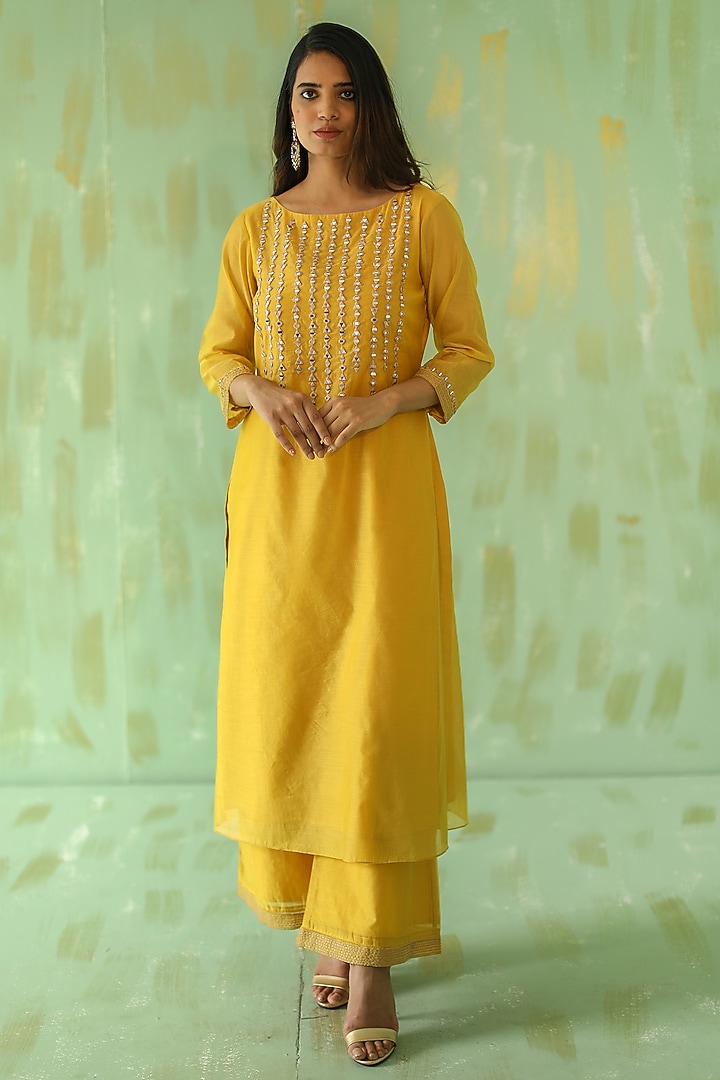 Ochre Yellow Embroidered Kurta Set by POULI at Pernia's Pop Up Shop