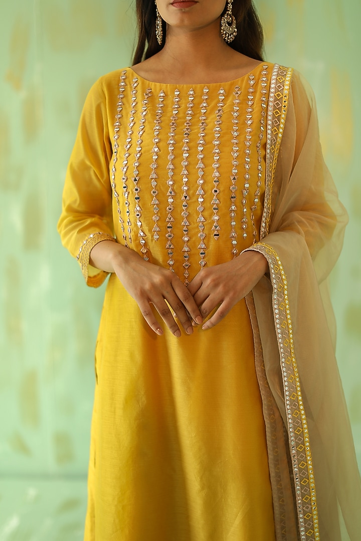 Ochre Yellow Embroidered Kurta Set by POULI at Pernia's Pop Up Shop